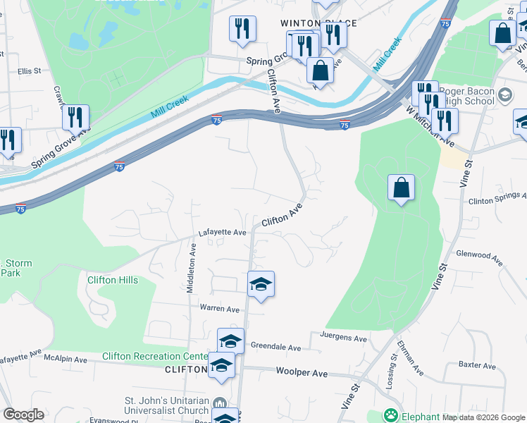 map of restaurants, bars, coffee shops, grocery stores, and more near 3901 Clifton Avenue in Cincinnati