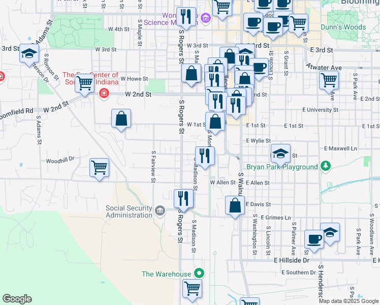 map of restaurants, bars, coffee shops, grocery stores, and more near 412 West Dodds Street in Bloomington