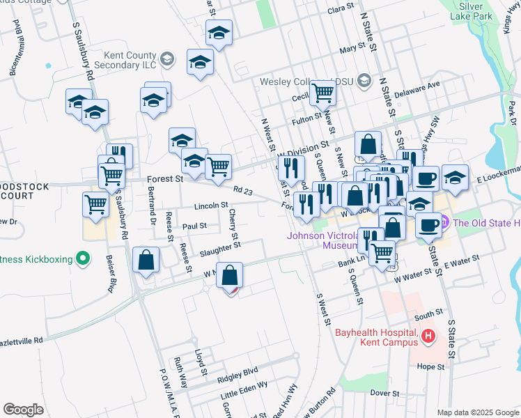 map of restaurants, bars, coffee shops, grocery stores, and more near 684 Forest Street in Dover