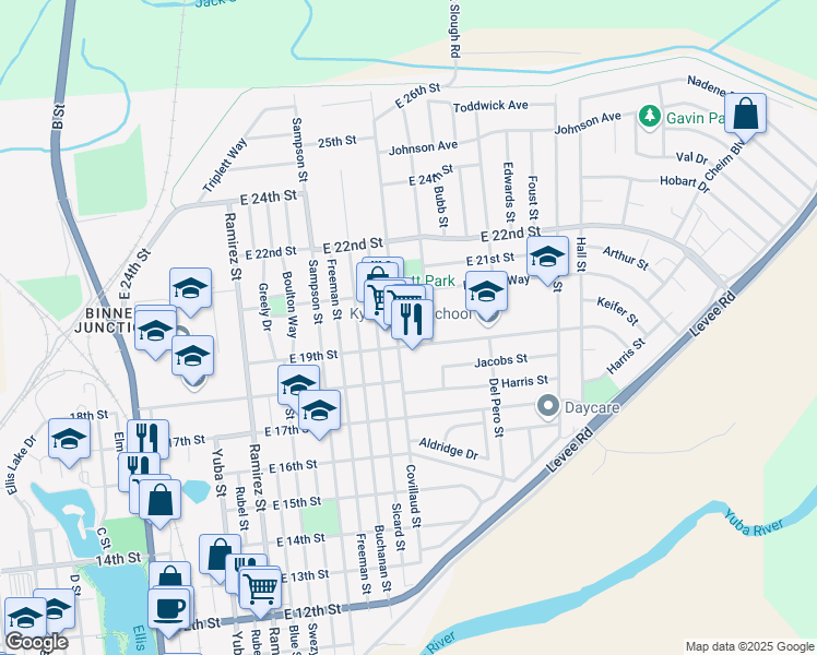 map of restaurants, bars, coffee shops, grocery stores, and more near 1909 Covillaud Street in Marysville