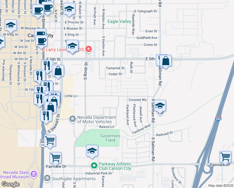map of restaurants, bars, coffee shops, grocery stores, and more near 1039 Little Lane in Carson City