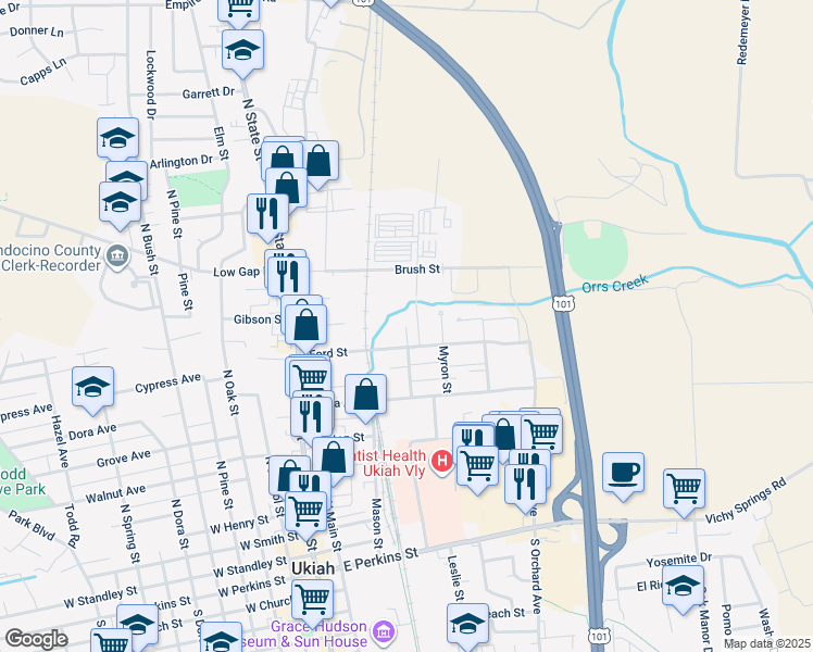 map of restaurants, bars, coffee shops, grocery stores, and more near 216 Ford Street in Ukiah