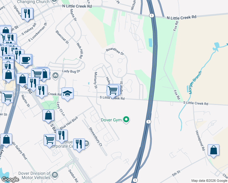 map of restaurants, bars, coffee shops, grocery stores, and more near 479 Barrister Place in Dover