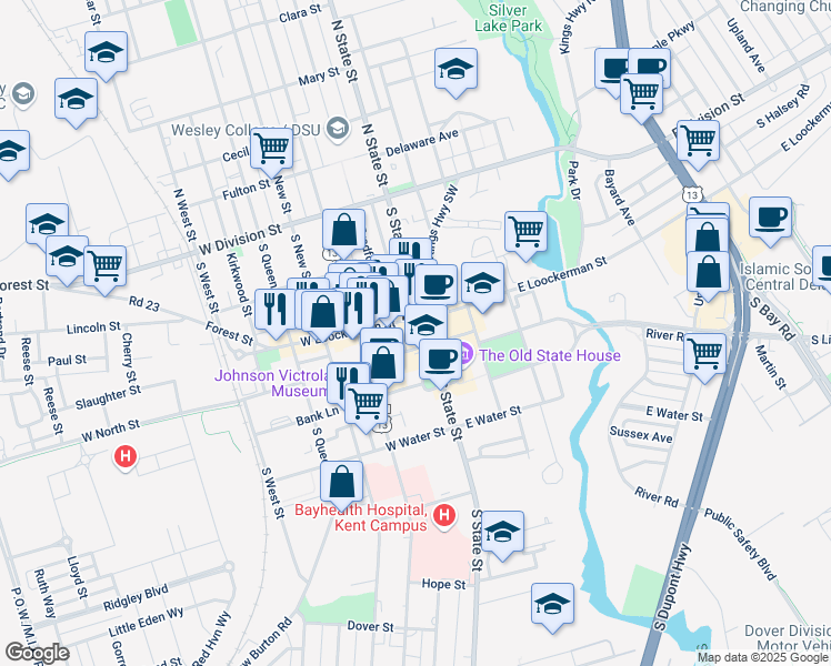 map of restaurants, bars, coffee shops, grocery stores, and more near in Dover