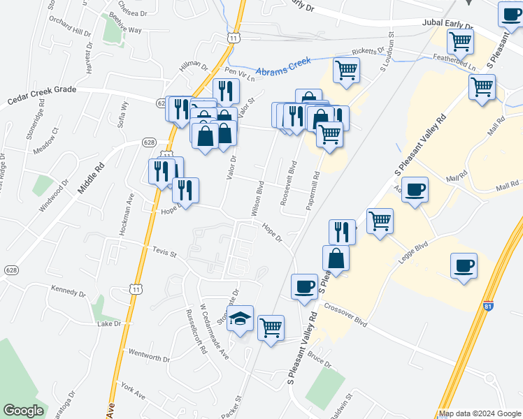 map of restaurants, bars, coffee shops, grocery stores, and more near 2335 Wilson Boulevard in Winchester