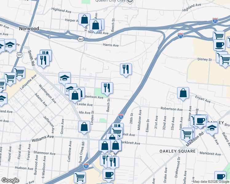 map of restaurants, bars, coffee shops, grocery stores, and more near 4500 Beech St in Cincinnati