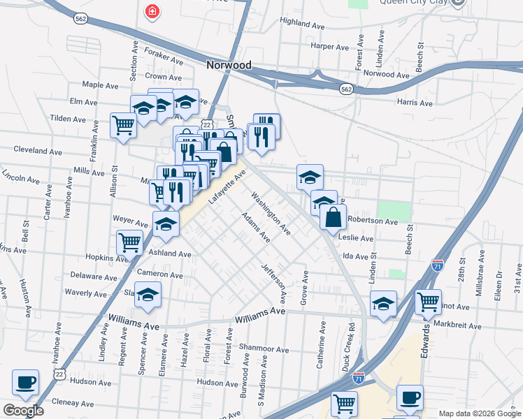map of restaurants, bars, coffee shops, grocery stores, and more near 4432 Ashland Avenue in Cincinnati