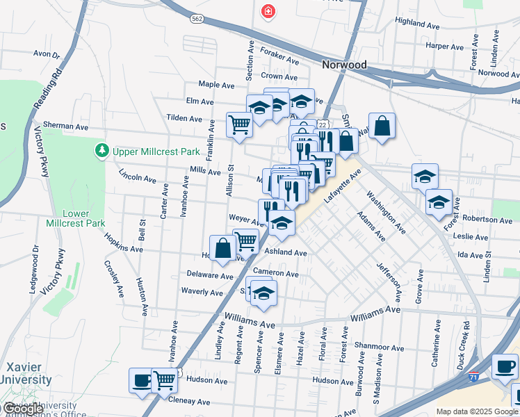 map of restaurants, bars, coffee shops, grocery stores, and more near 2053 Courtland Avenue in Cincinnati