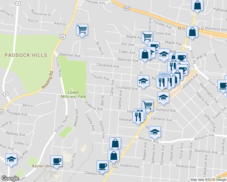 map of restaurants, bars, coffee shops, grocery stores, and more near 1832 Weyer Avenue in Cincinnati