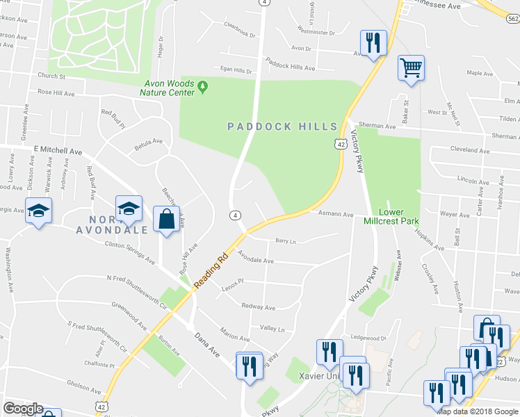 map of restaurants, bars, coffee shops, grocery stores, and more near 981 Debbe Lane in Cincinnati
