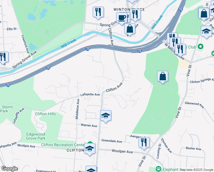 map of restaurants, bars, coffee shops, grocery stores, and more near 3901 Clifton Avenue in Cincinnati