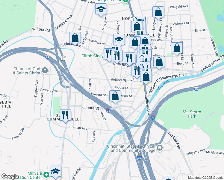 map of restaurants, bars, coffee shops, grocery stores, and more near 3917 Colerain Avenue in Cincinnati