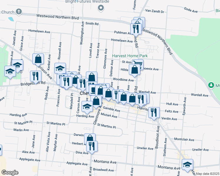 map of restaurants, bars, coffee shops, grocery stores, and more near 3832 Glenmore Avenue in Cincinnati