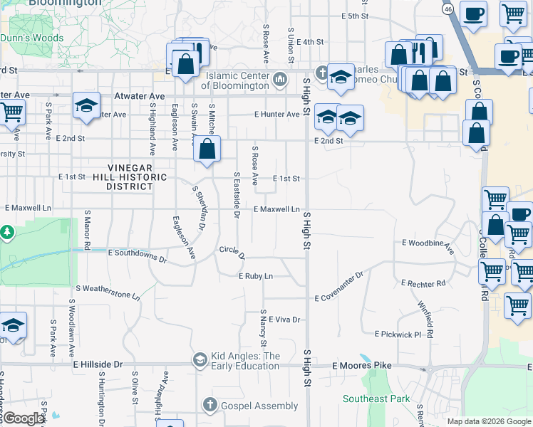 map of restaurants, bars, coffee shops, grocery stores, and more near 1802 East Maxwell Lane in Bloomington