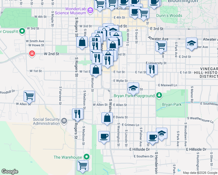 map of restaurants, bars, coffee shops, grocery stores, and more near 729 South Walnut Street in Bloomington