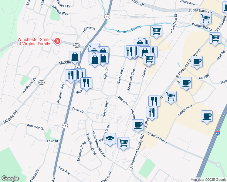 map of restaurants, bars, coffee shops, grocery stores, and more near 2335 Wilson Boulevard in Winchester