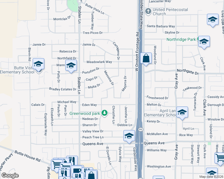 map of restaurants, bars, coffee shops, grocery stores, and more near 1692 Messina Drive in Yuba City