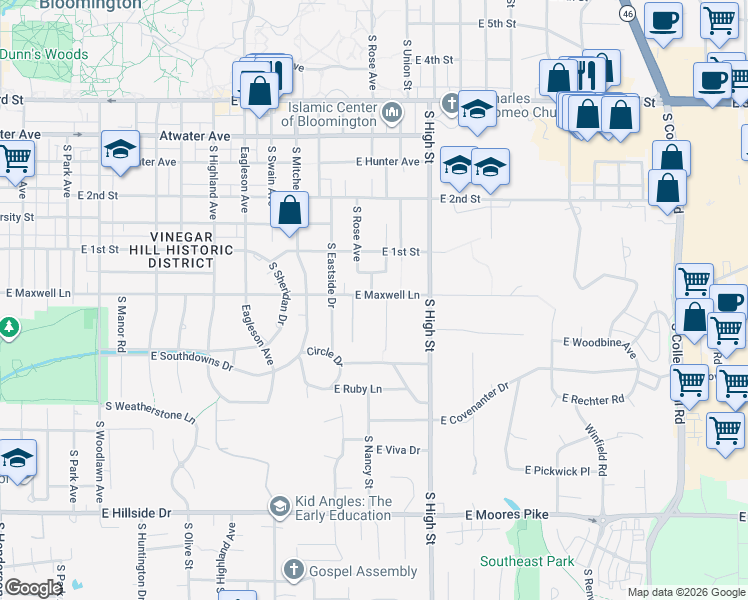 map of restaurants, bars, coffee shops, grocery stores, and more near 1802 East Maxwell Lane in Bloomington