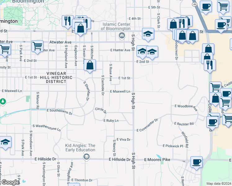 map of restaurants, bars, coffee shops, grocery stores, and more near 1804 East Maxwell Lane in Bloomington