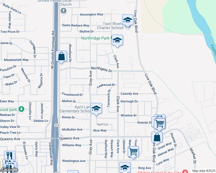 map of restaurants, bars, coffee shops, grocery stores, and more near 736 Teakwood Drive in Yuba City
