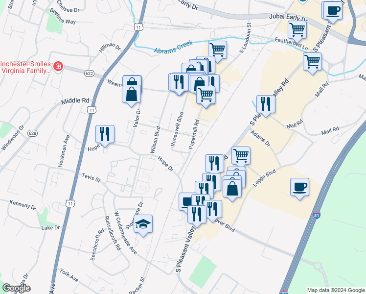 map of restaurants, bars, coffee shops, grocery stores, and more near 2344 Roosevelt Boulevard in Winchester