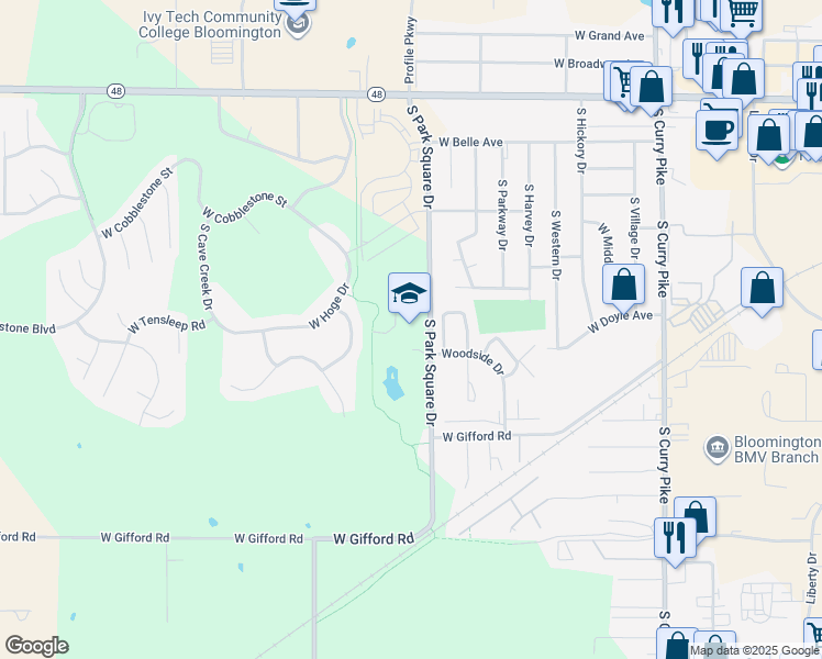 map of restaurants, bars, coffee shops, grocery stores, and more near 900 South Park Square Drive in Bloomington