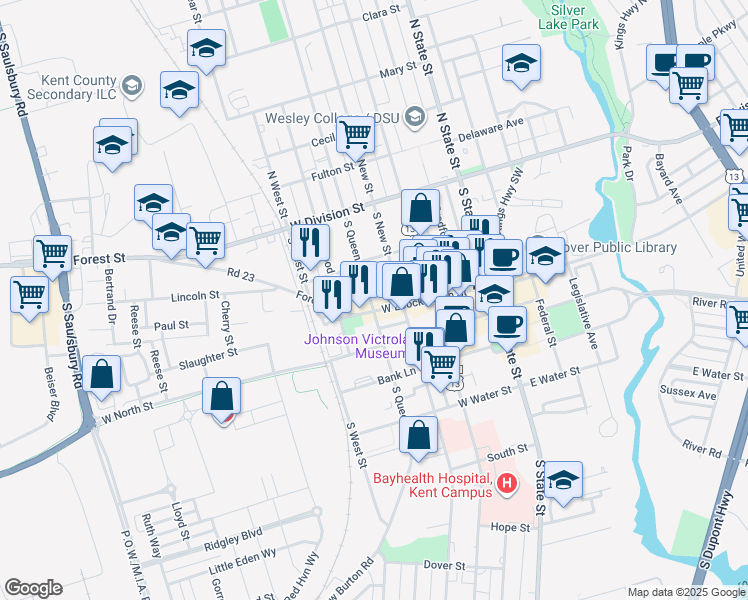 map of restaurants, bars, coffee shops, grocery stores, and more near 143 South Queen Street in Dover