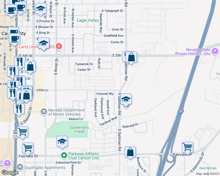 map of restaurants, bars, coffee shops, grocery stores, and more near 1340 Coronet Way in Carson City