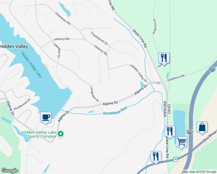 map of restaurants, bars, coffee shops, grocery stores, and more near 19740 Overlook Circle in Lawrenceburg
