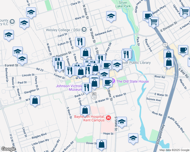 map of restaurants, bars, coffee shops, grocery stores, and more near 108 West Loockerman Street in Dover