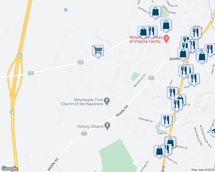 map of restaurants, bars, coffee shops, grocery stores, and more near 430 Mikey Court in Winchester