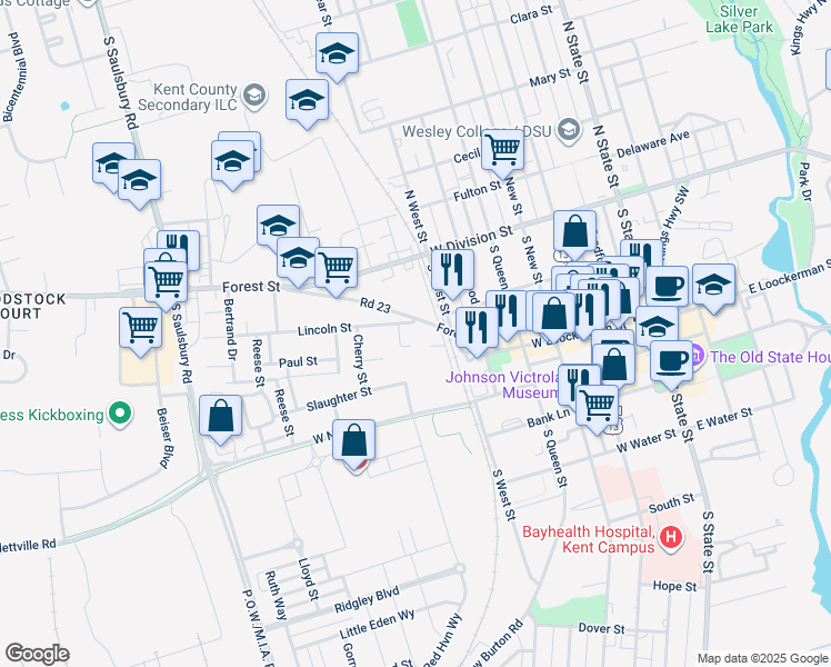 map of restaurants, bars, coffee shops, grocery stores, and more near 684 Forest Street in Dover