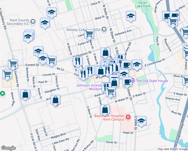 map of restaurants, bars, coffee shops, grocery stores, and more near 141 South Queen Street in Dover