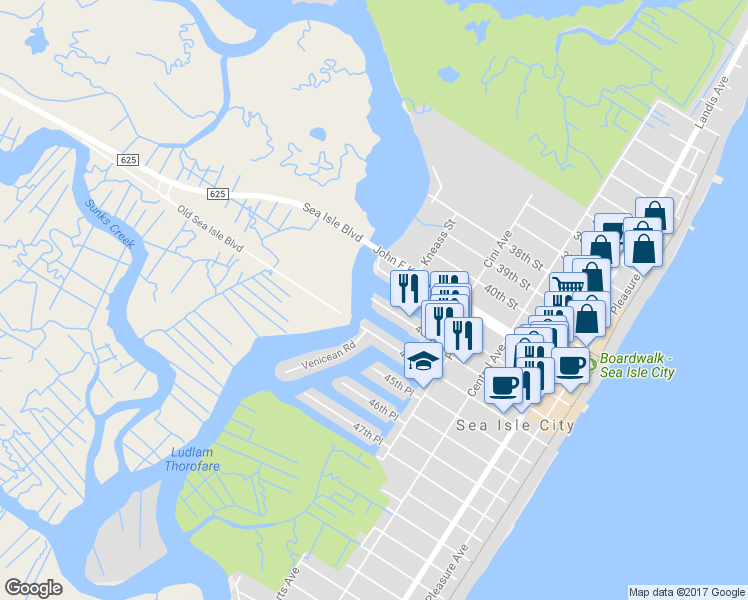 map of restaurants, bars, coffee shops, grocery stores, and more near 399 43rd Place in Sea Isle City