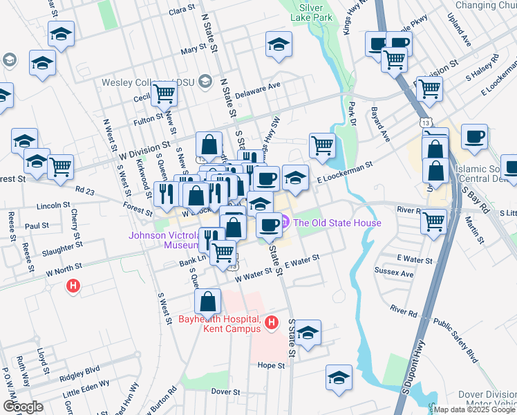map of restaurants, bars, coffee shops, grocery stores, and more near 214 South State Street in Dover