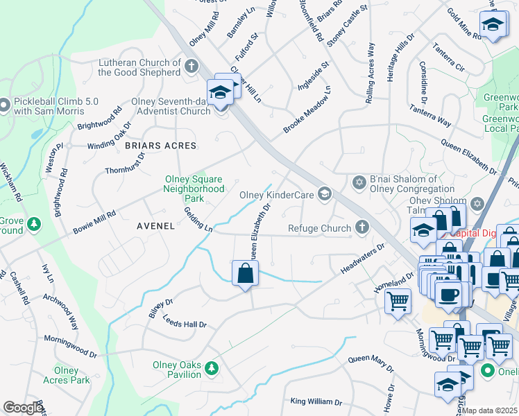 map of restaurants, bars, coffee shops, grocery stores, and more near 18324 Queen Elizabeth Drive in Olney