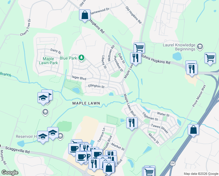 map of restaurants, bars, coffee shops, grocery stores, and more near 11204 Chase Street in Fulton