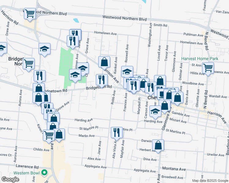 map of restaurants, bars, coffee shops, grocery stores, and more near 3779 Robb Avenue in Cheviot