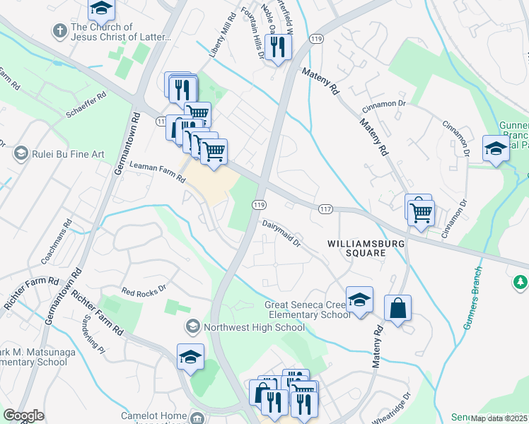 map of restaurants, bars, coffee shops, grocery stores, and more near 13215 Dairymaid Drive in Germantown