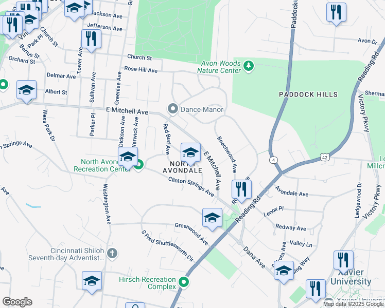 map of restaurants, bars, coffee shops, grocery stores, and more near 26 Burton Woods Lane in Cincinnati