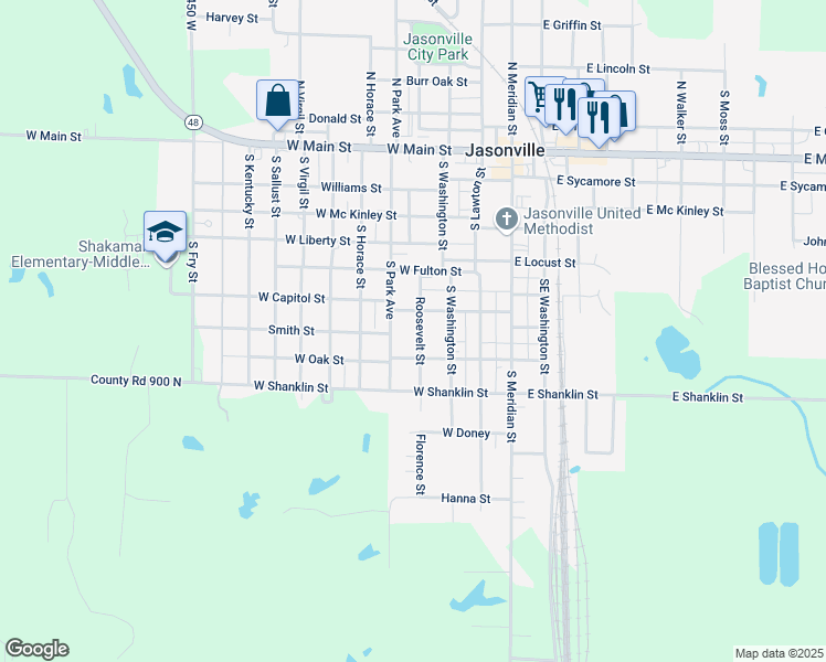 map of restaurants, bars, coffee shops, grocery stores, and more near 613 Roosevelt Street in Jasonville