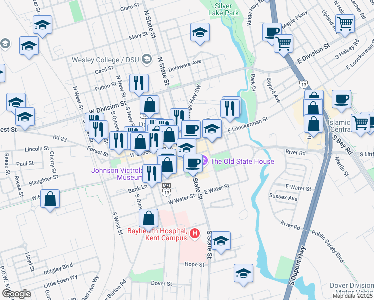 map of restaurants, bars, coffee shops, grocery stores, and more near 214 South State Street in Dover