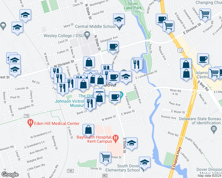 map of restaurants, bars, coffee shops, grocery stores, and more near 214 S State St in Dover