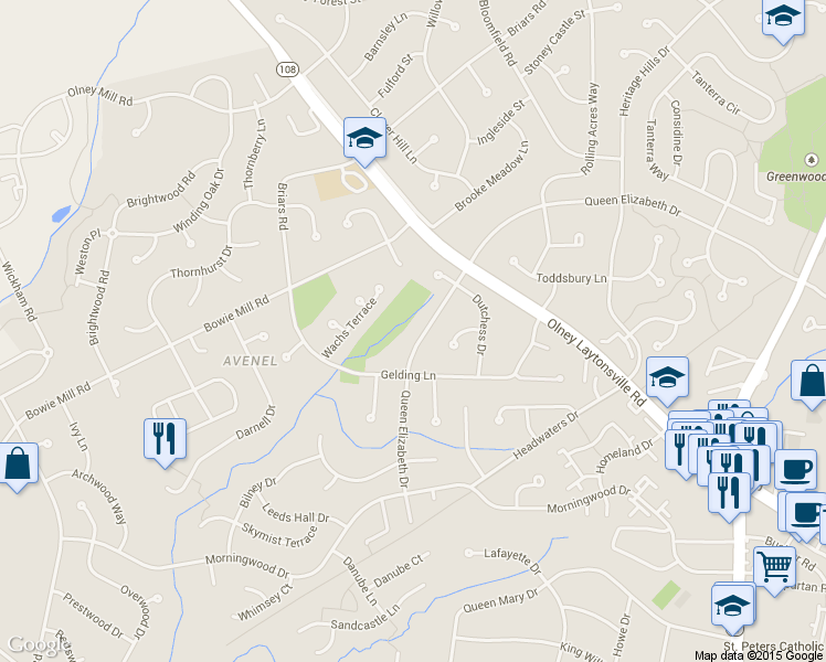 map of restaurants, bars, coffee shops, grocery stores, and more near 18324 Queen Elizabeth Drive in Olney