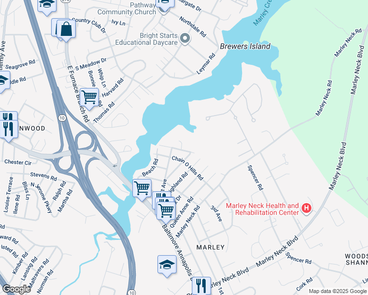 map of restaurants, bars, coffee shops, grocery stores, and more near 510 Creek Crossing Lane in Glen Burnie