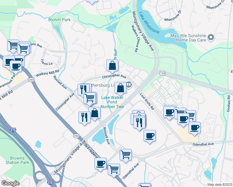 map of restaurants, bars, coffee shops, grocery stores, and more near 9701 Leatherfern Terrace in Montgomery Village