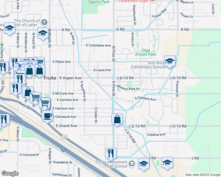 map of restaurants, bars, coffee shops, grocery stores, and more near 1074 Cedar Way in Fruita