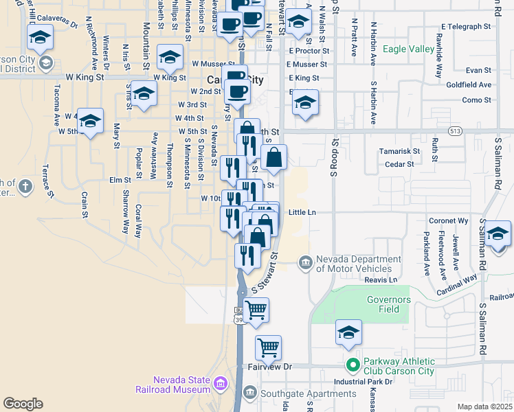map of restaurants, bars, coffee shops, grocery stores, and more near 1055 South Carson Street in Carson City