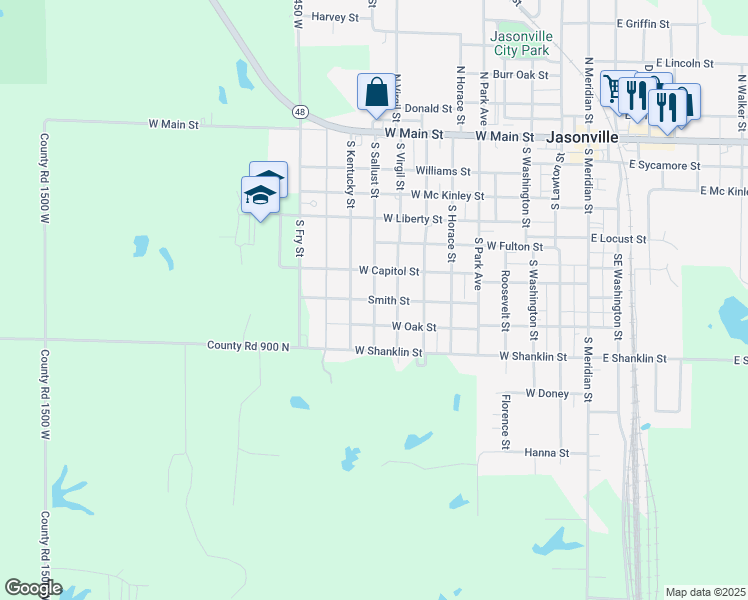 map of restaurants, bars, coffee shops, grocery stores, and more near 800 Smith Street in Jasonville