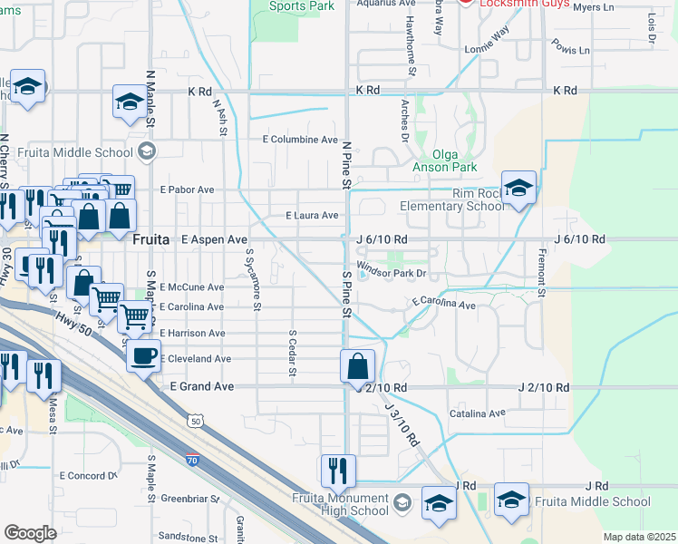 map of restaurants, bars, coffee shops, grocery stores, and more near 1074 Cedar Way in Fruita